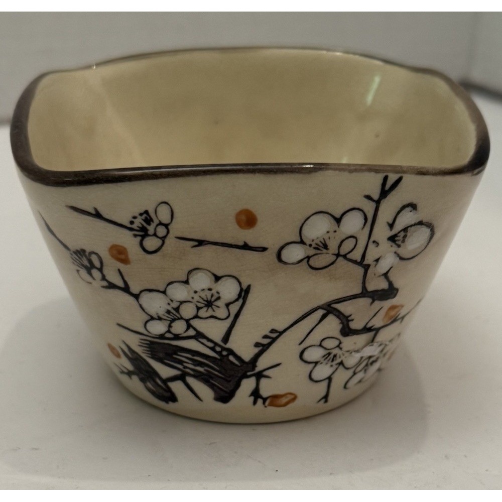 Ceramic Bowl With Plum‎ Blossoms Design-2 5/8" H-3 7/8" W & L-Cream Brown White
